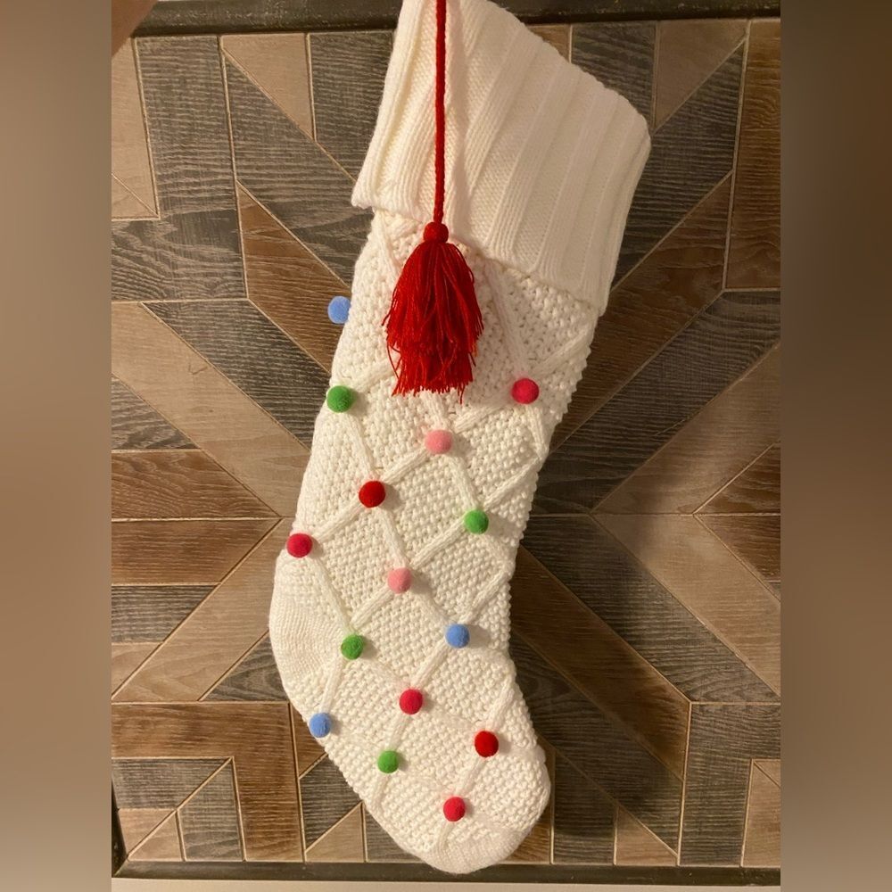 Cream Knitted Christmas Stocking with Pom Pom Design